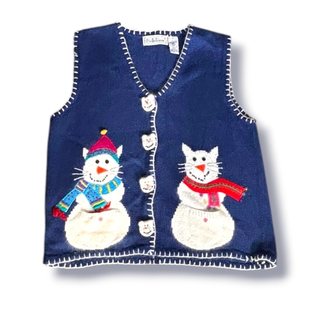 Vintage Blue Christmas Sweater Vest Snowman Cats Novelty Knit Large Whimsical